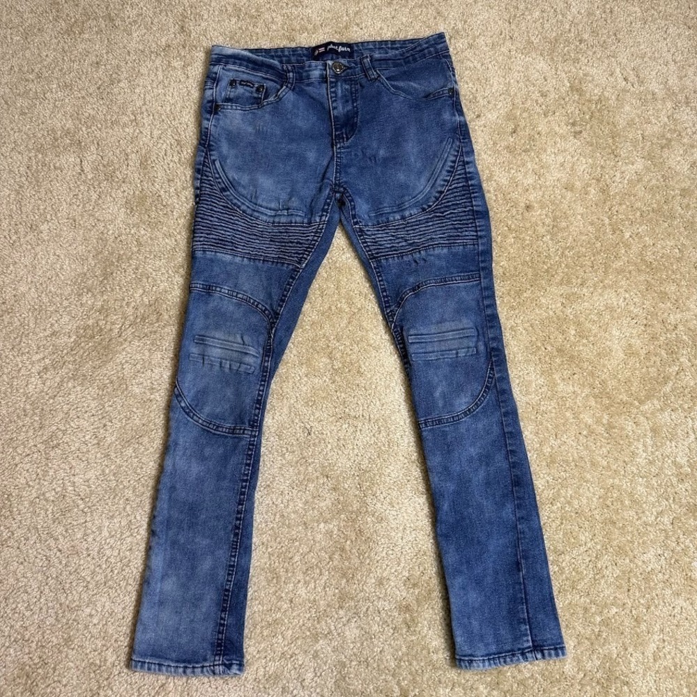 Phat Farm Moto Jeans Boys 16 Blue Biker Ribbed Panel Skinny Denim Pants Y2K VTG